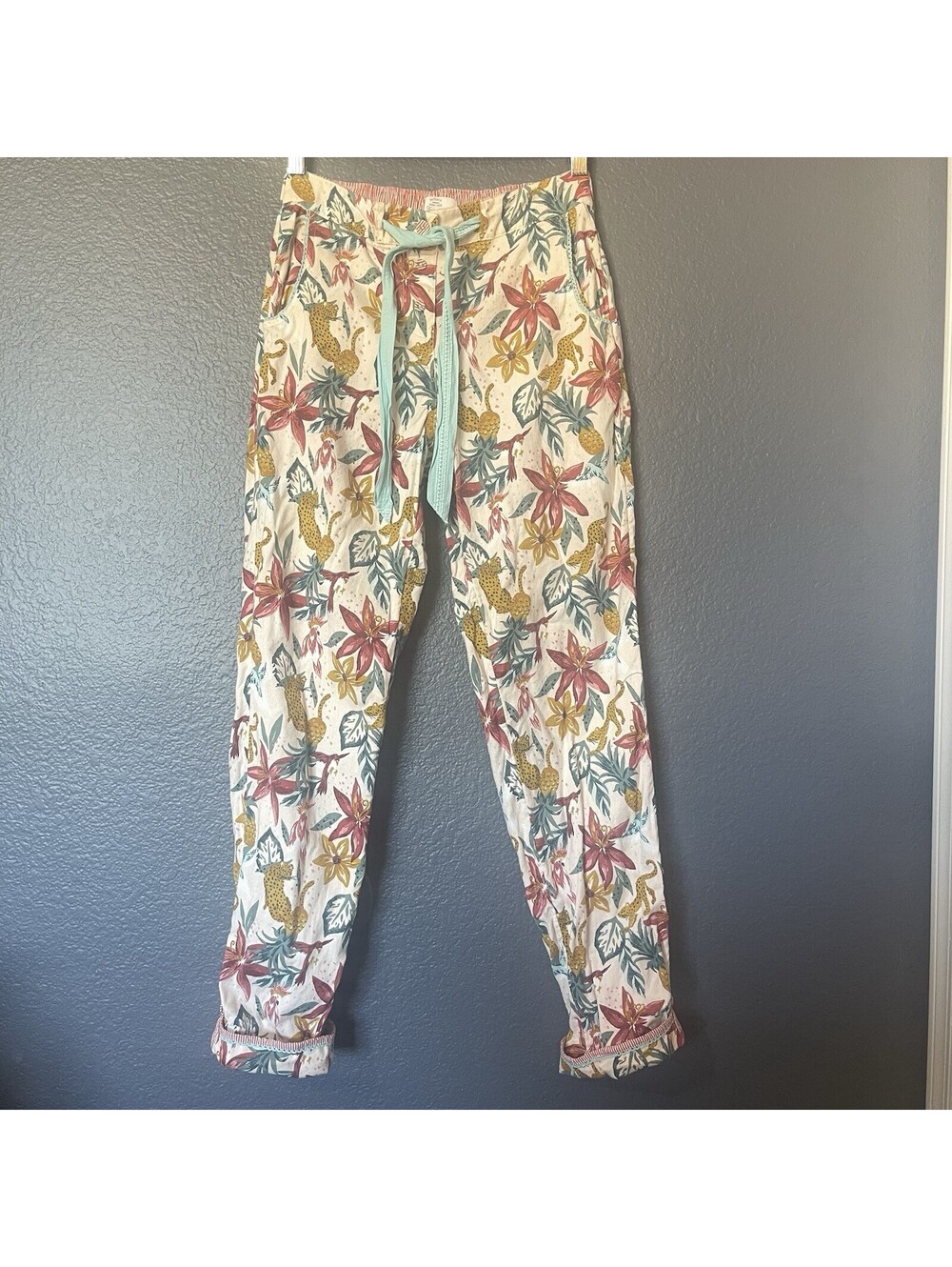 Fat Face Sz 4 Tropical Leopard Floral Cotton Sleepwear Pants Lounge Cuff Bird